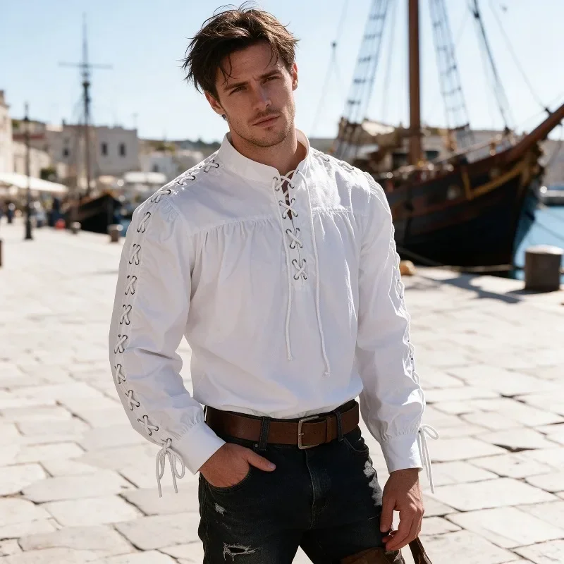 Camisa Pirata Medieval Masculi - Medieval Gothic Lace Up Pirate Shirt avaliação e preço